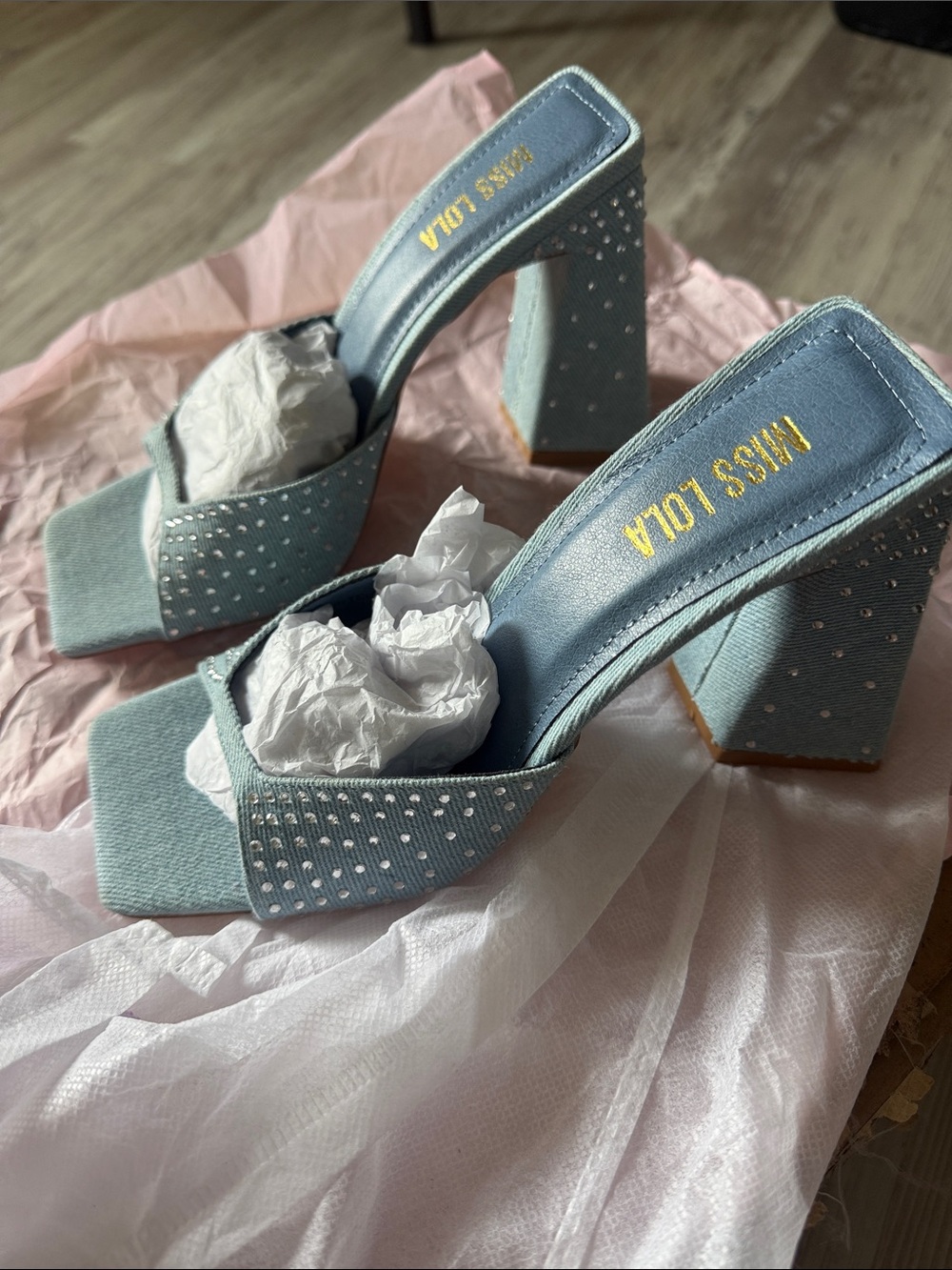 Miss Lola Powder Blue Rhinestone Block Heel Mules